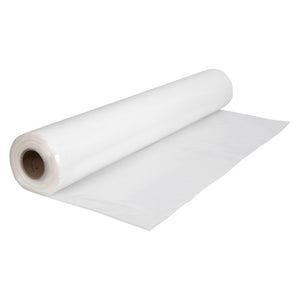 Roll of Marbig Professional 51075 clear 150 micron pallet tube on a brown core, with film unrolled across a white background