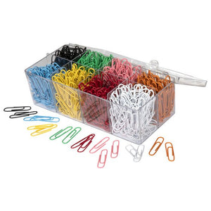 Marbig 975262 clear plastic box open with eight compartments of vinyl coated paper clips in black, green, pink, orange, blue, yellow, red and white