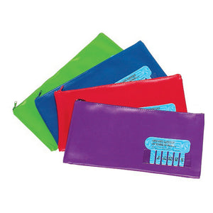 Four Marbig large name pencil cases fanned out in lime, blue, red and purple, the purple case showing a cut out name card in its clear window