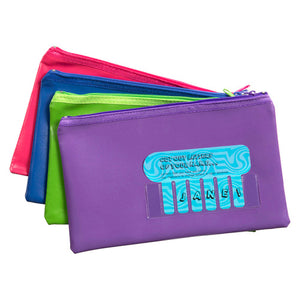 Four Marbig small name pencil cases fanned out in pink, blue, lime and purple, with a Cut Out Letters of Your Name card in the purple case window