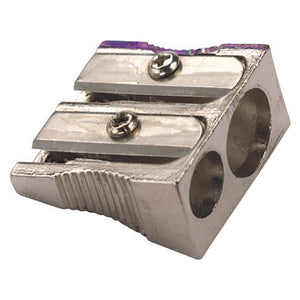 Marbig two hole metal pencil sharpener in silver with a small and a large hole, two blades each held by a screw and a ribbed grip