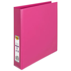 Pink Marbig Clearview 38mm insert binder standing at an angle, with the marbig retail label on the spine