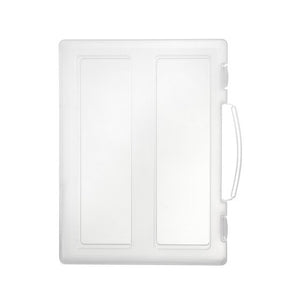 Marbig clear plastic A4 case lying closed, handle folded against the long side and two raised panels moulded in the lid