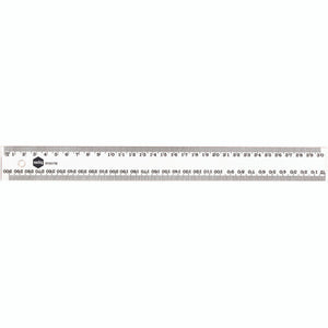 Clear Marbig 975317B 30cm plastic ruler laid flat, centimetre numbers 1 to 30 on the top edge, millimetres on the bottom edge and a hang hole at the left