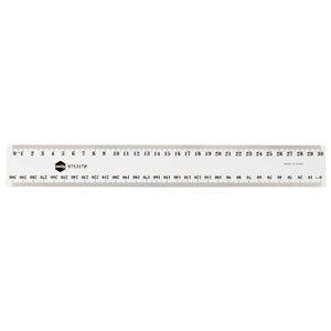 Clear Marbig 975317P 30cm plastic ruler laid flat with centimetre and millimetre scales on opposite edges and Made in China printed near one end