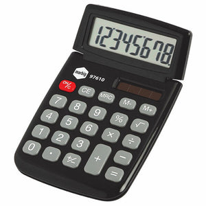 Marbig 97610 black pocket calculator with an 8 digit display panel above grey keys, a red ON/C key and a solar strip beside the logo