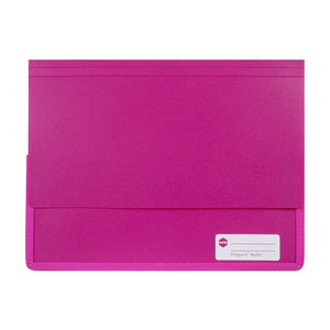 Magenta pink Marbig Polypick heavy duty A4 document wallet from the front, long flap folded down and a white label panel at lower right