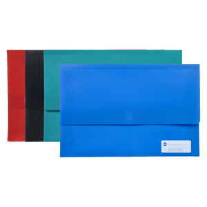 Four Marbig Polypick foolscap document wallets overlapped in red, black, teal and blue, the blue one showing its write on panel
