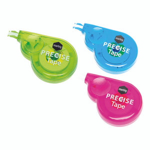 Marbig 975198 Precise correction tape dispensers laid flat in lime green, blue and pink, showing the assorted colours