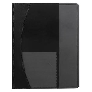 Closed black Marbig Premier A4 flat file with a frosted front cover curving over the black back and a grey band down the right side