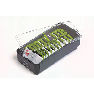 Marbig Professional 87036 business card filing box with a clear lid over green lettered A-Z dividers and business cards in a dark base