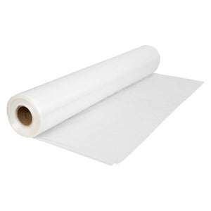 Marbig Professional clear LDPE pallet bag film on a roll with a brown core, a length of film lying flat in front