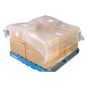 Clear film pallet cap spread over the top of stacked cartons on a blue pallet and folding down over the top edges