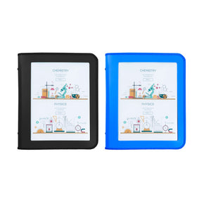 Black and blue Marbig Professional zipper binders side by side, each with a clear front window holding a printed subject cover sheet