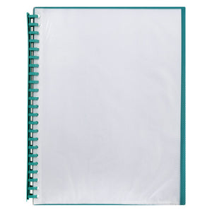 Marbig 2007204 A4 refillable display book closed, clear front cover over a teal green back cover with a green spiral spine