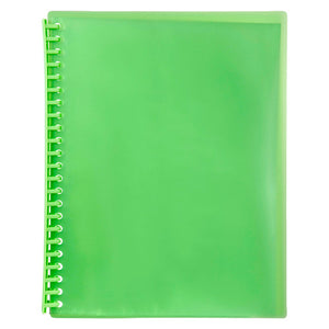 Marbig 2007304 A4 refillable display book closed, translucent lime green cover with a lime spiral spine along the left edge