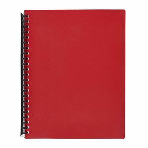 Marbig forty pocket refillable display book 2007403 closed and seen face on, a red A4 cover with a black spiral spine running down the left hand edge.