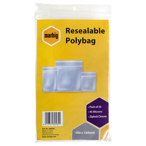 Marbig Resealable Polybag pack of 50 in 100 x 155mm size, with a yellow printed header noting 45 Microns and Ziplock Closure