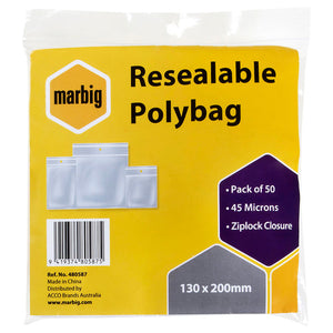 Marbig Resealable Polybag pack of 50, 130 x 200mm, clear bags behind a yellow header showing Pack of 50, 45 Microns and Ziplock Closure