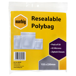 Marbig Resealable Polybag retail pack of 50, 155 x 230mm, yellow card header listing Pack of 50, 45 Microns and Ziplock Closure