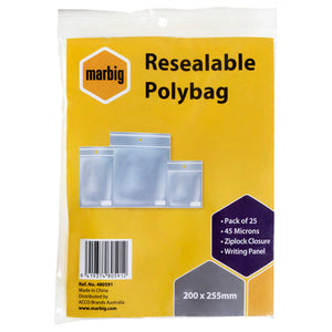 Marbig Resealable Polybag retail pack of 25, 200 x 255mm, yellow header card showing 45 Microns, Ziplock Closure and Writing Panel