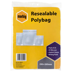 Marbig Resealable Polybag pack of 25 in 230 x 305mm, yellow header card listing 45 Microns, Ziplock Closure and Writing Panel above clear bags