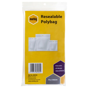 Marbig Resealable Polybag retail pack of 50 bags, 75 x 130mm, yellow card header showing Pack of 50, 45 Microns and Ziplock Closure