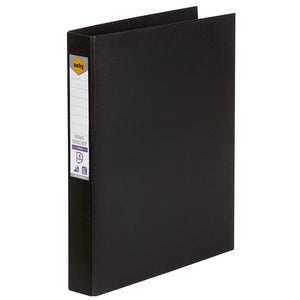 Black Marbig A4 ring binder at an angle, printed spine label reading Ring Binder 25mm, 4 Ring and A4 200 sheets