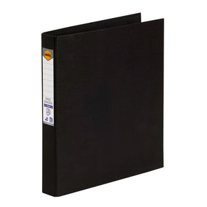 Black Marbig A4 ring binder standing at an angle, white spine label with the orange Marbig logo and ruled lines