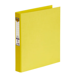 Lemon yellow Marbig ring binder standing at an angle with a white ruled spine label and the Marbig logo