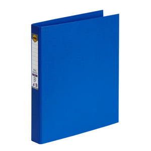 Marine blue Marbig A4 ring binder at an angle with the white spine label and orange Marbig badge visible