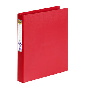 Red Marbig polyethylene ring binder standing at an angle, textured cover with a white ruled spine label and Marbig logo