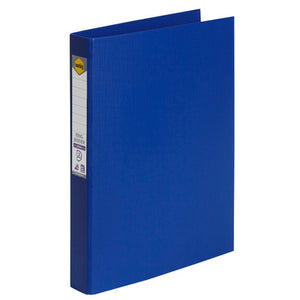Royal blue Marbig A4 ring binder at an angle with a white ruled spine label printed 25mm and 3 ring