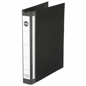 A black Marbig Deluxe A4 ring binder standing at an angle with the cover part open, showing the wide white spine label panel and the marbig hexagon logo.
