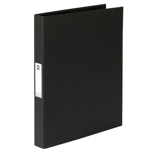 A single black Marbig Deluxe A3 ring binder standing closed at a slight angle, with a clear spine label holder and a white printed insert, photographed on white.