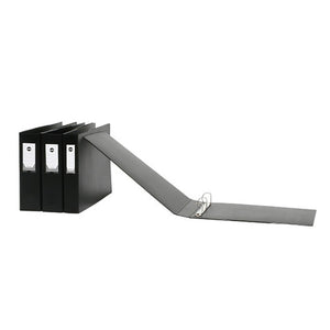 A group of black Marbig Deluxe ring binders standing upright with white spine labels, one of them opened flat on the white background showing its ring rail.