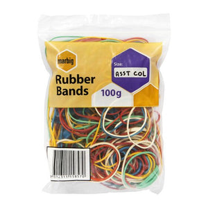 Marbig 94699100 clear pack of assorted colour rubber bands with a yellow label, size panel reading ASST COL and 100g, barcode at the bottom