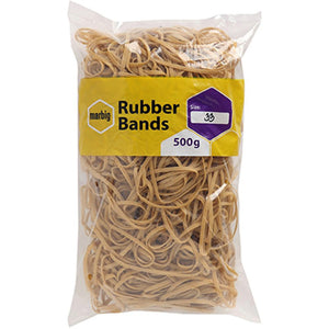 Marbig 94533500B clear bag of natural rubber bands with a yellow label reading Rubber Bands, Size 33, 500g