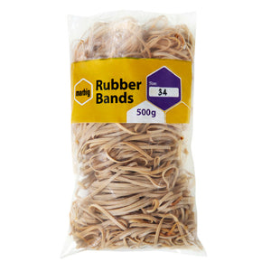 Marbig 94534500B clear bag of natural rubber bands with a yellow label reading Rubber Bands, Size 34, 500g
