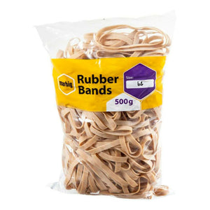 Marbig 94564500B clear bag of flat natural rubber bands with a yellow label reading Rubber Bands, Size 64, 500g