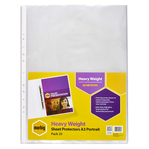 Marbig Heavy Weight Sheet Protectors A3 Portrait Pack 25 retail card showing 80 microns, on a tall clear punched pocket