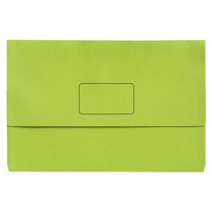 Single Marbig Slimpick foolscap document wallet in Brights lime green, seen from the front with the flap closed and an empty name panel