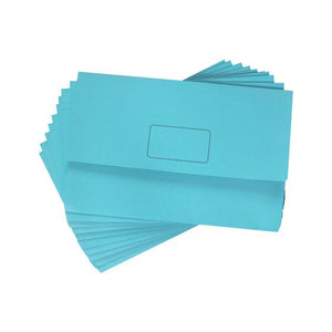 Fanned stack of Marbig Slimpick Brights marine foolscap wallets in light blue, the top wallet showing its flap and printed name panel