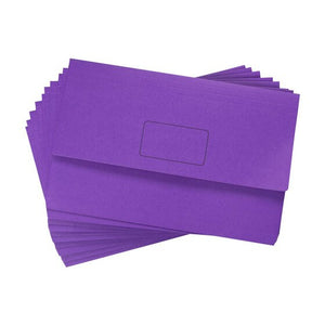Stack of Marbig Slimpick purple foolscap document wallets fanned out, top wallet showing the closed flap and name panel outline