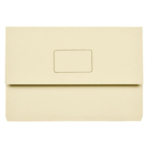 Marbig Slimpick buff foolscap document wallet from the front, flap closed with a thin outlined name panel in the centre