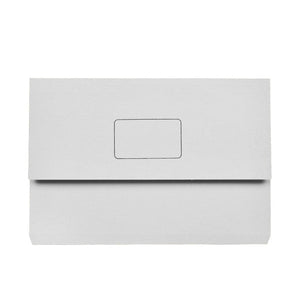 Pale grey Marbig Slimpick foolscap document wallet seen from the front with the flap closed and a printed name panel