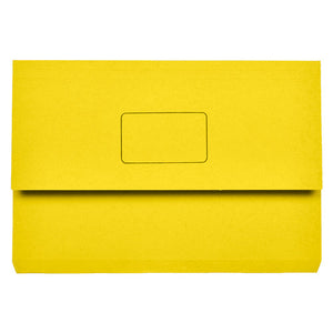 Front view of a yellow Marbig Slimpick foolscap document wallet with the flap down and a rounded rectangle name panel printed on it