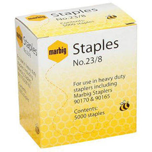 Marbig No 23/8 staples box printed for use in heavy duty staplers including Marbig Staplers 90170 and 90165, Contents 5000 staples