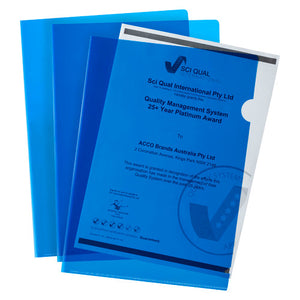 Three translucent blue Marbig Ultra A4 letter files fanned out, open along the top and right side with a thumb notch, a printed certificate in the front file