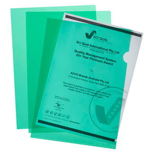 Three green Marbig Ultra A4 letter files fanned out, sealed along the bottom and left edges and open at the top and right side, a certificate showing through the front file